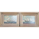 A pair of modern oils on panel of American and English steam and sail ships at sea, 17 x 26cm