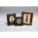 An unusual portrait miniature of a 19th century gentleman wearing earrings, together with two framed