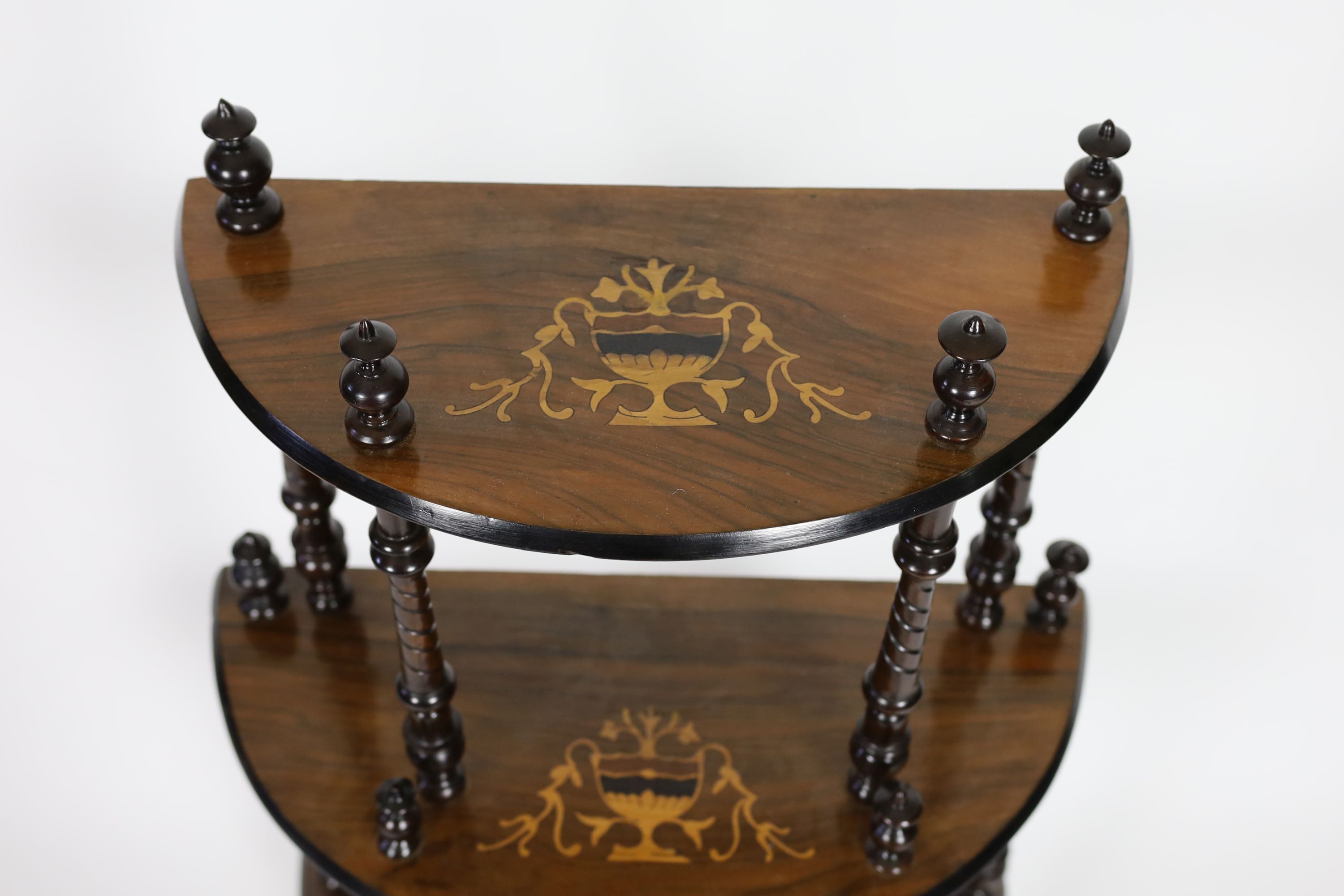 A late Victorian inlaid walnut D shaped four tier whatnot, width 59cm depth 28cm height 129cm - Image 2 of 3