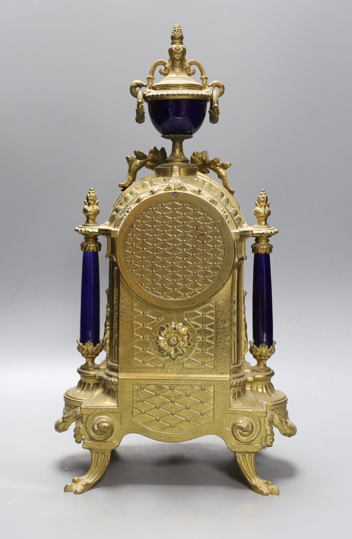 A ornamental gilt French mantel clock with painted porcelain insets - 41.5cm tall - Image 2 of 3