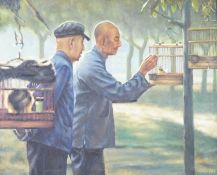 Modern British, oil on canvas, Chinese men and caged birds, indistinctly signed and dated 1999, 49 x
