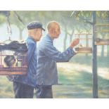 Modern British, oil on canvas, Chinese men and caged birds, indistinctly signed and dated 1999, 49 x