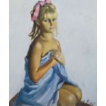 JM 1954, oil on canvas, Portrait of a girl with a ribbon in her hair, signed and dated, 76 x 62cm