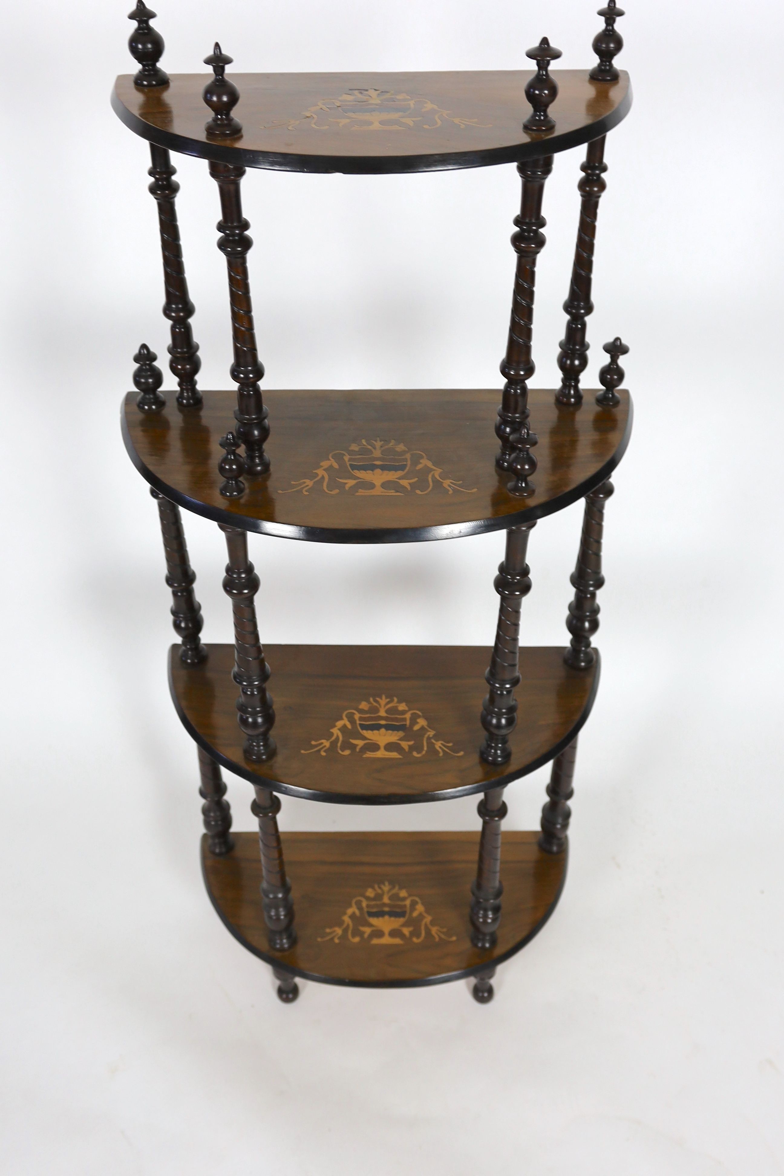A late Victorian inlaid walnut D shaped four tier whatnot, width 59cm depth 28cm height 129cm - Image 3 of 3
