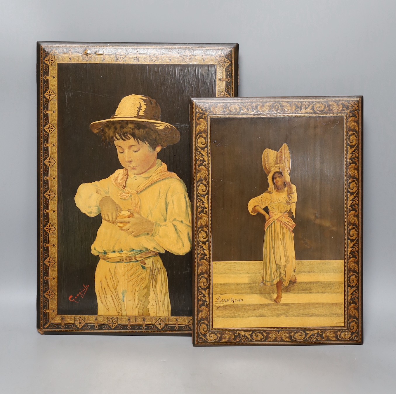Two 19th century Sorento marquetry panels, both signed, San Remo and Gargiule, largest 38x26cm