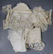 19th century Honiton lace collars, trim, hankie etc and a later Honiton and silver backed wedding