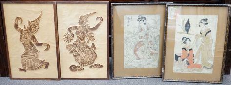 Japanese School, two woodblock prints, Woman with opium pipe and flower goddess, 38 x 25cm, and a