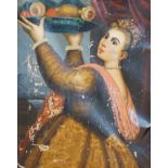 Italian School, oil on canvas, Woman holding aloft a bowl of fruit, 62 x 48cm