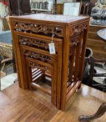 A quartetto of Chinese rectangular marble top hardwood tea tables, width 50cm, depth 35cm, height