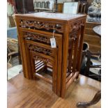 A quartetto of Chinese rectangular marble top hardwood tea tables, width 50cm, depth 35cm, height