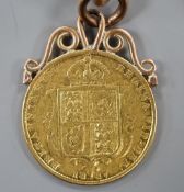 A Victoria 1887 half sovereign, now mounted on a 9ct gold fob with T-bar,gross 11.4 grams.