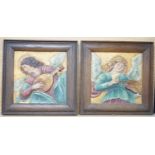 Continental School c.1900, a pair of embossed and painted canvas panels, Angels playing instruments,