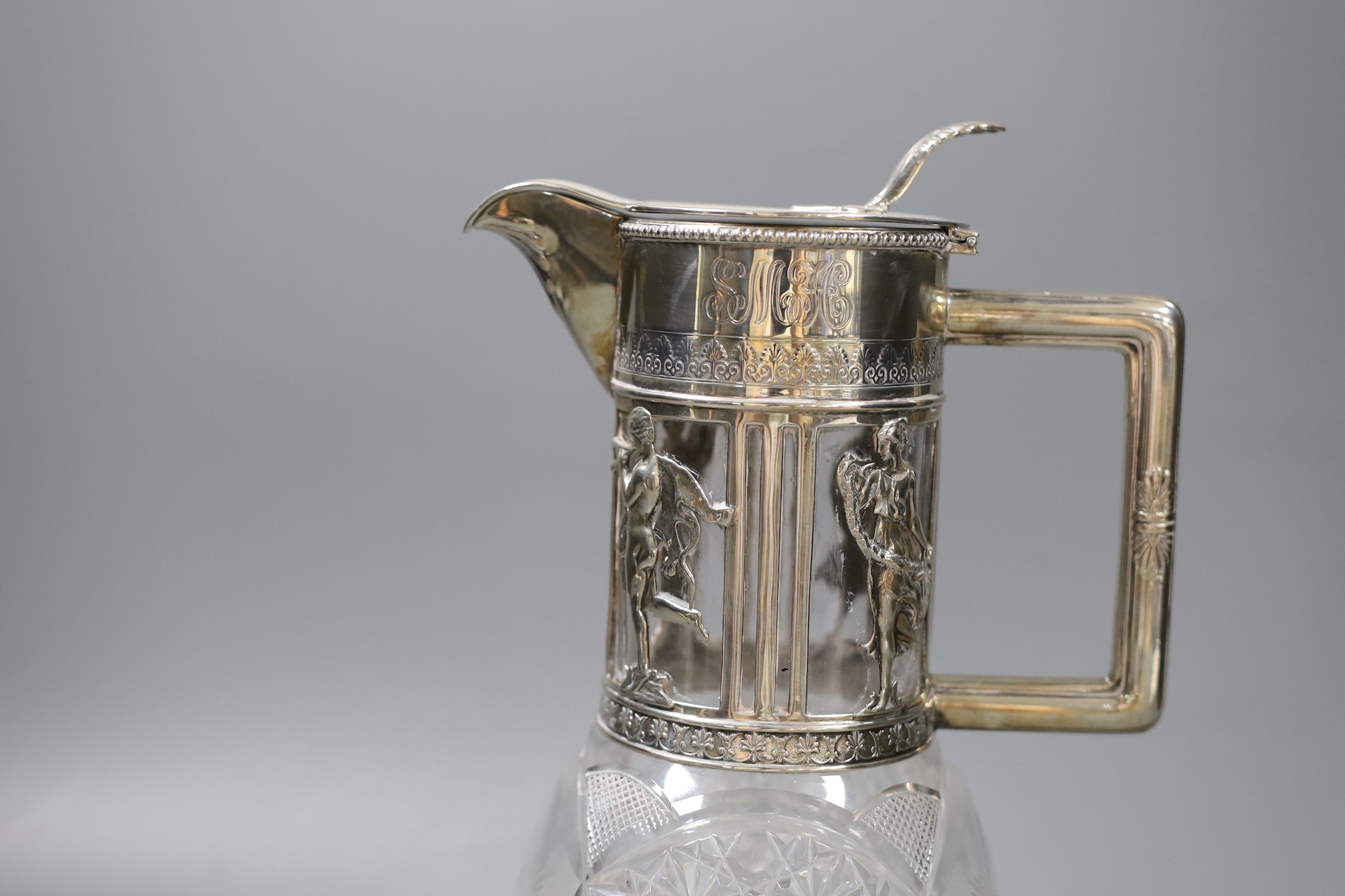 A late 19th/early 20th century German 800 standard white metal mounted cult glass claret jug, - Image 3 of 4