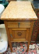 A pair of early 20th century marble topped carved oak bedside cabinets, width 42cm, depth 38cm,