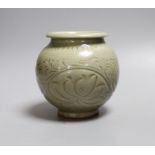 A Chinese celadon globular jar, 12cm