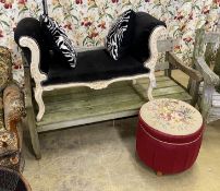 A rococo style painted scroll end window seat, length 110cm, depth 46cm, height 70cm and a footrest