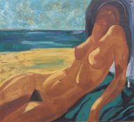 Modern Continental, oil on canvas, Female nude on a beach, indistinctly signed, 110 x 120cm,