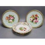A pair of English bone china cabinet plates and a dessert comport