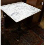 A square reconstituted marble and cast iron garden table, width 60cm height 74cm