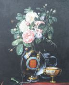 J. Mills, oil on canvas, 17th century style still life of roses in an ornate glass flask, signed, 59