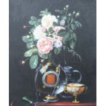 J. Mills, oil on canvas, 17th century style still life of roses in an ornate glass flask, signed, 59