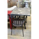 A square mosaic stone topped garden table, width 70cm, height 72cm and two matching chairs
