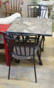 A square mosaic stone topped garden table, width 70cm, height 72cm and two matching chairs