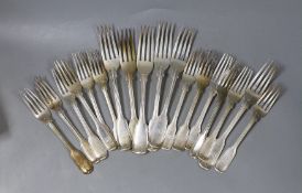 Twelve assorted 19th century silver fiddle and thread pattern desert forks and six table forks,