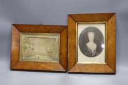 A 19th century silkwork embroidery in oak frame, and a print of Mrs Samuel Johnson, in oak frame
