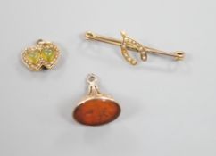 A yellow metal olivine? and seed pearl set twin heart pendant, width 15mm, a 19th century