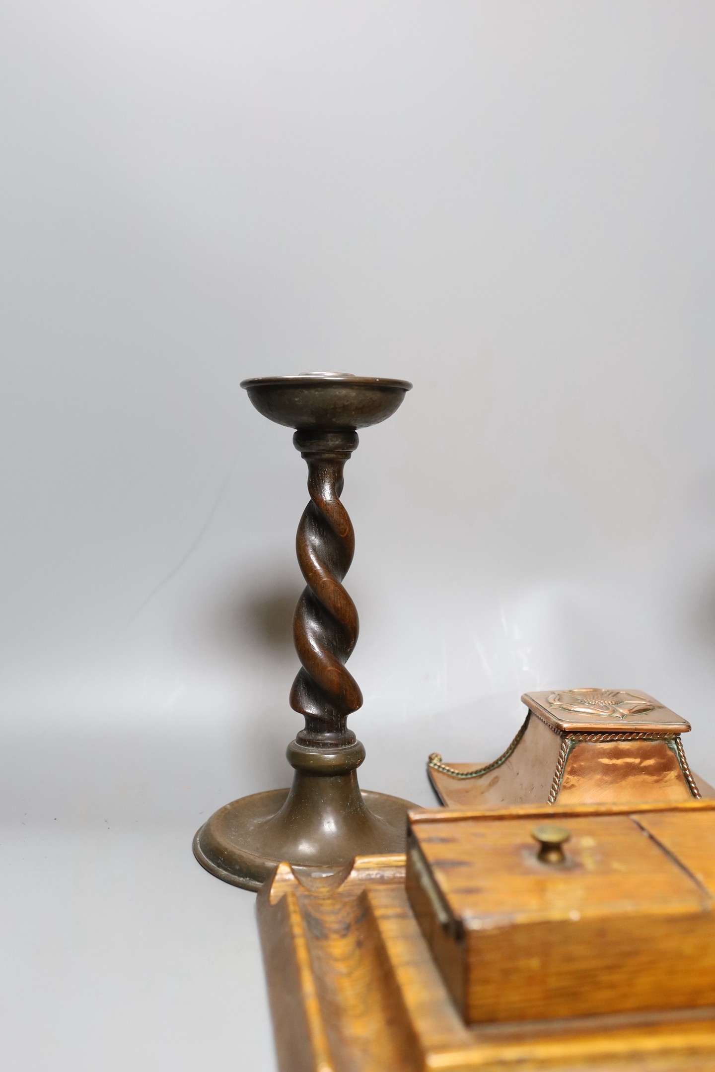 A copper Arts & Crafts inkwell, a pair of A Jones turned candlesticks and an early 20th century - Image 3 of 4