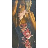 Modern British, oil on board, Woman wearing a floral dress, 60 x 30cm