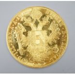 A gold 4 Ducat coin, Franz Joseph I, 1915, 13.9 grams.