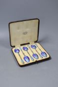 A cased set of six George V silver and three colour enamel teaspoons, Turner & Simpson,