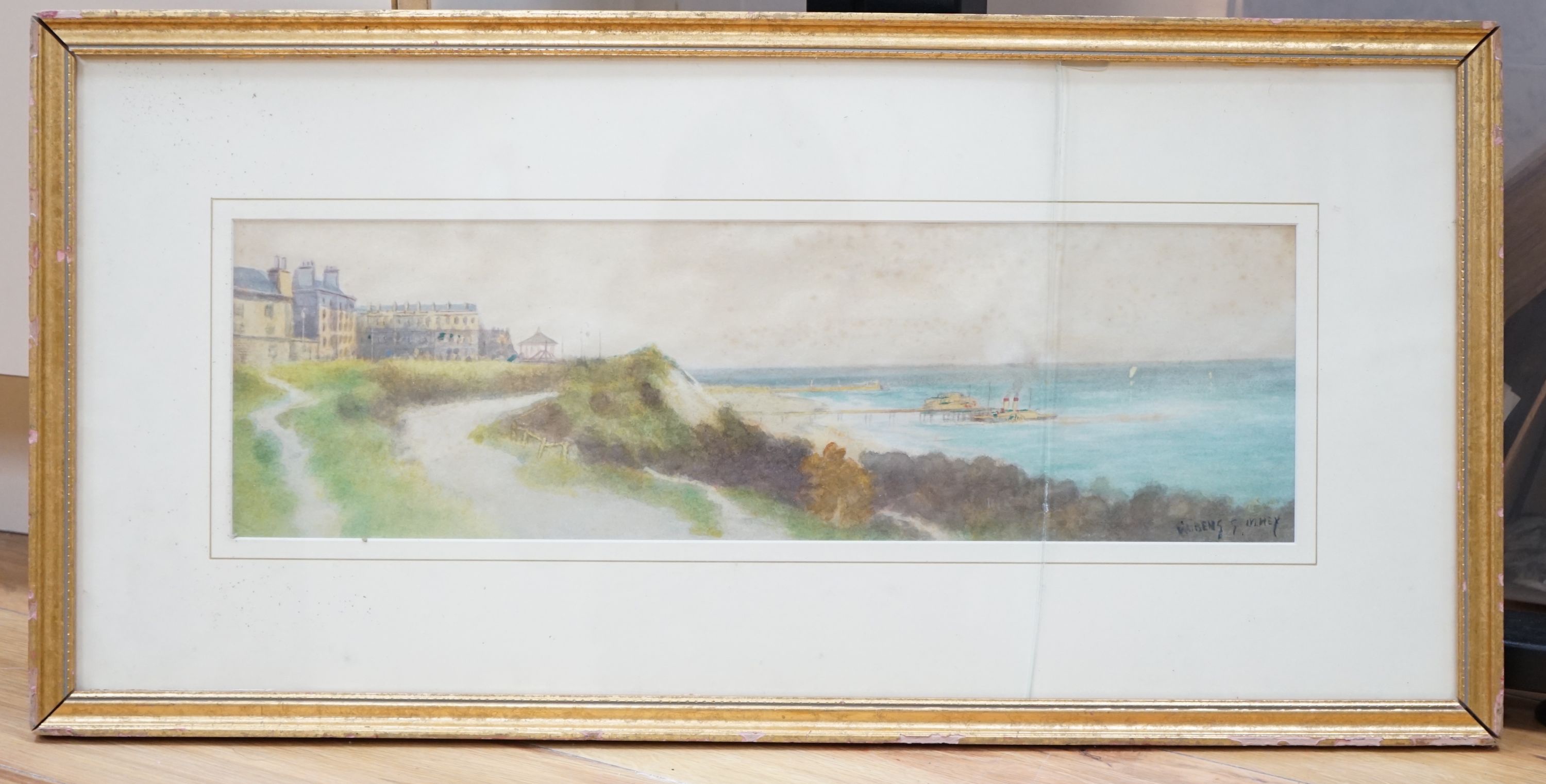 Rubens Southey (1881-1933), watercolour, Coastal town with paddle steamer beside a pier, signed, - Image 2 of 3