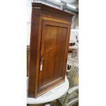 A George III mahogany banded oak hanging corner cabinet, width 82cm, depth 42cm, height 116cm