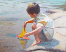 Tony Sheath (b.1946), oil on board, Boy with a toy sailing boat, signed, 20 x 25cm