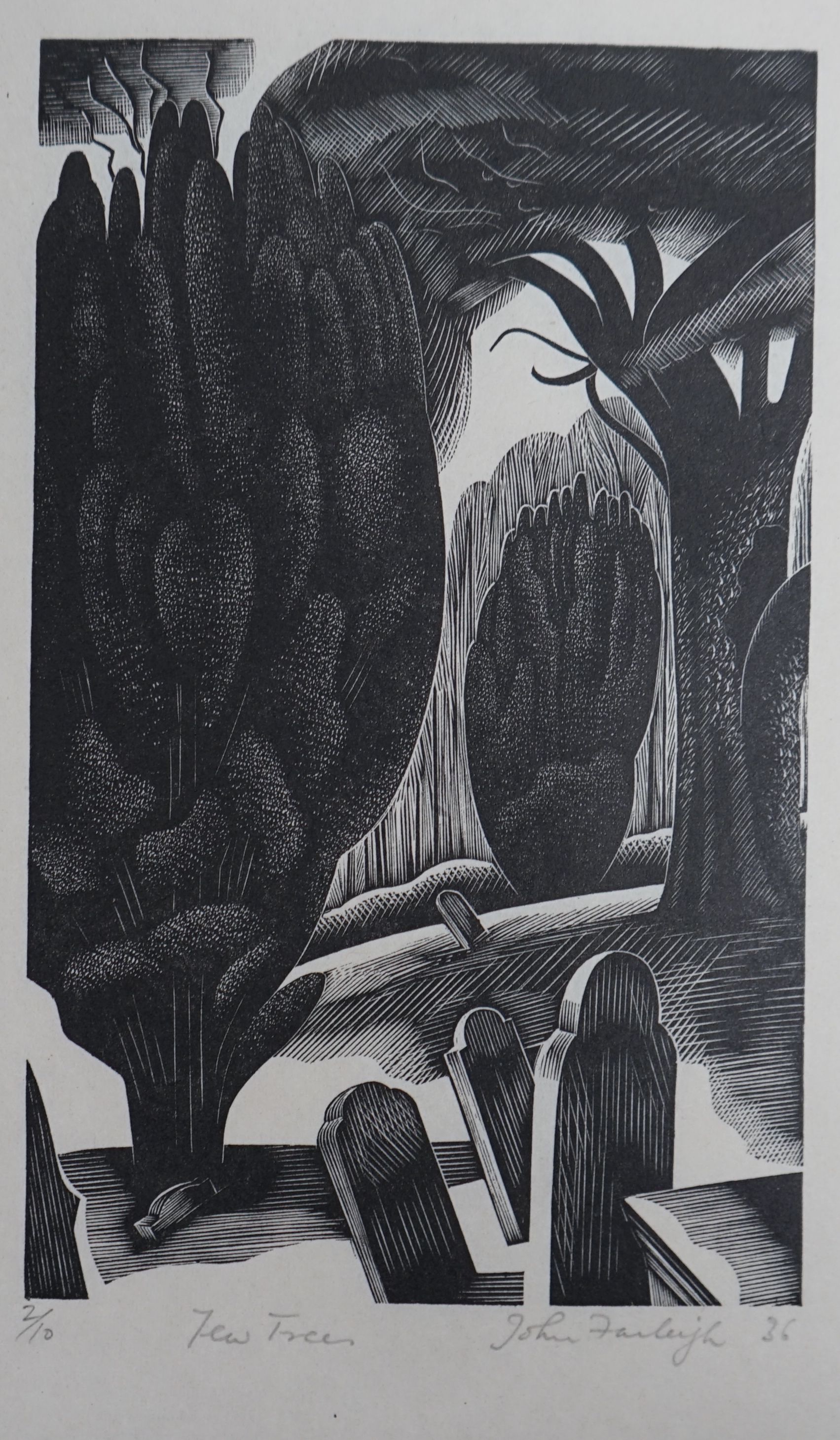 John Farleigh (1900-1965), four woodblock prints, Dhalia, Apples, Yew Trees and another Yew Trees, - Image 2 of 4