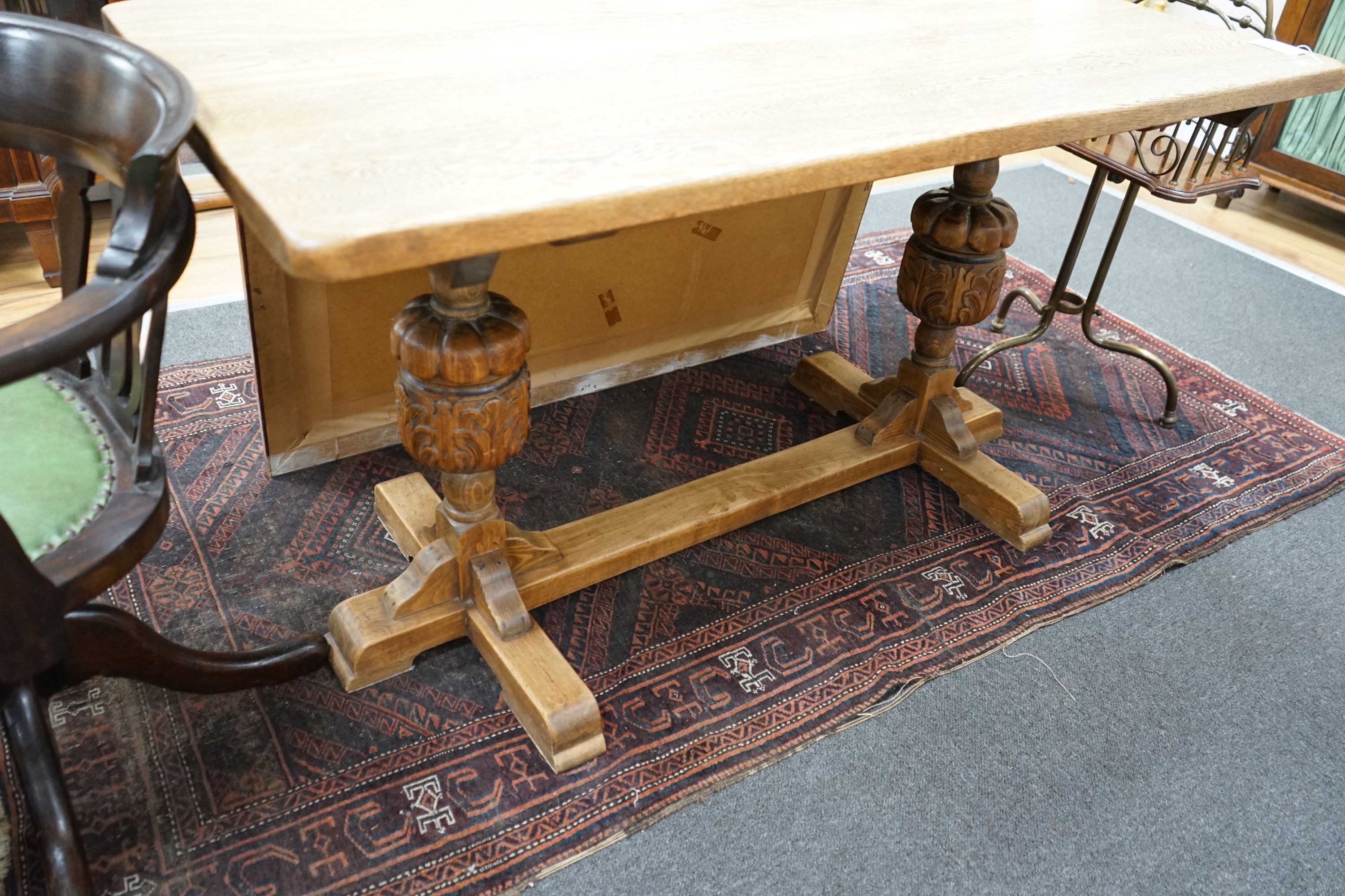 A small 1920s light oak rectangular refectory dining table, width 138cm depth 68cm height 74cm - Image 3 of 4