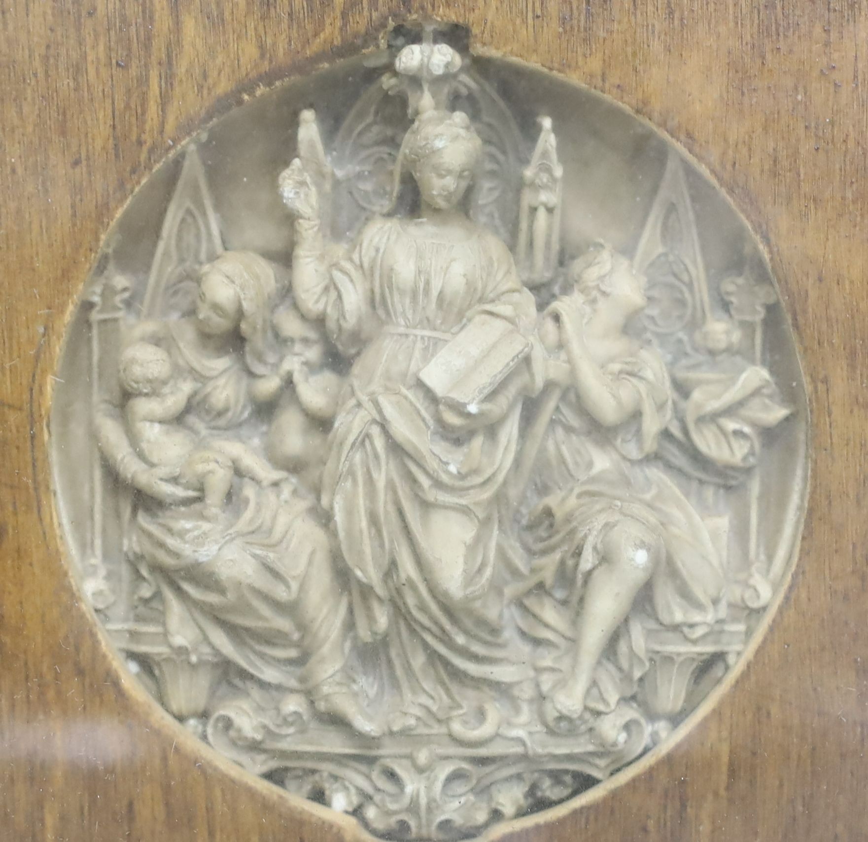 A 19th century Gothic revival plaster relief, depicting figures within altar frame, framed - Image 2 of 2