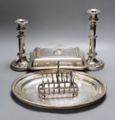 Plated wares to include a pair of telescopic candlesticks, toast rack and entree dishes