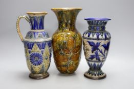 Three Doulton Lambeth stoneware vases/jugs, signed to bases