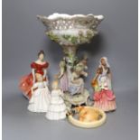 Five Royal Doulton figurines, a Hummel hanging and a Sitzendorf style table centre, 33cm tall