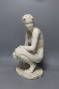 Fritz Klimsch for Rosenthal, a bisque porcelain figure of a crouching nude female, signed 42cm