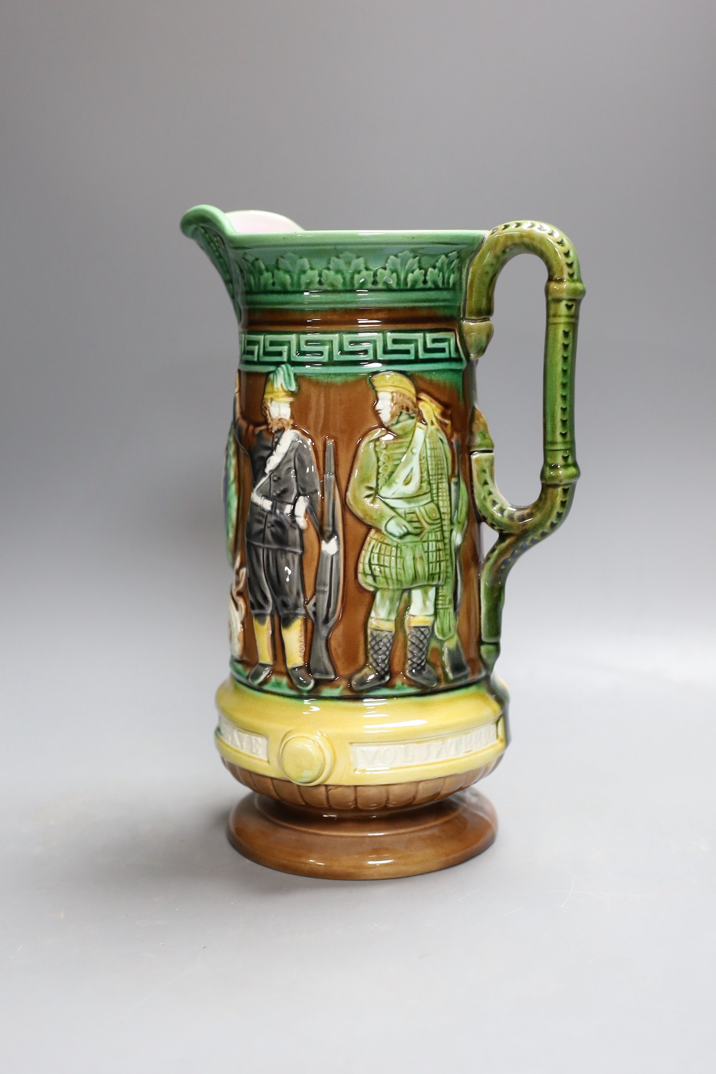 A Victorian Majolica military volunteers commemorative jug - 27cm tall - Image 3 of 5