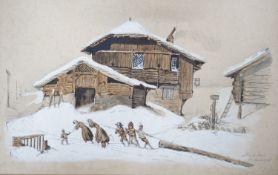 Jacob Meis, watercolour and pencil, Figures hauling a log in a Swiss winter landscape, signed and