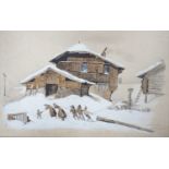 Jacob Meis, watercolour and pencil, Figures hauling a log in a Swiss winter landscape, signed and