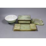 A group of Chinese bowenite jade items; a box, brushwasher etc and a porcelain bowl
