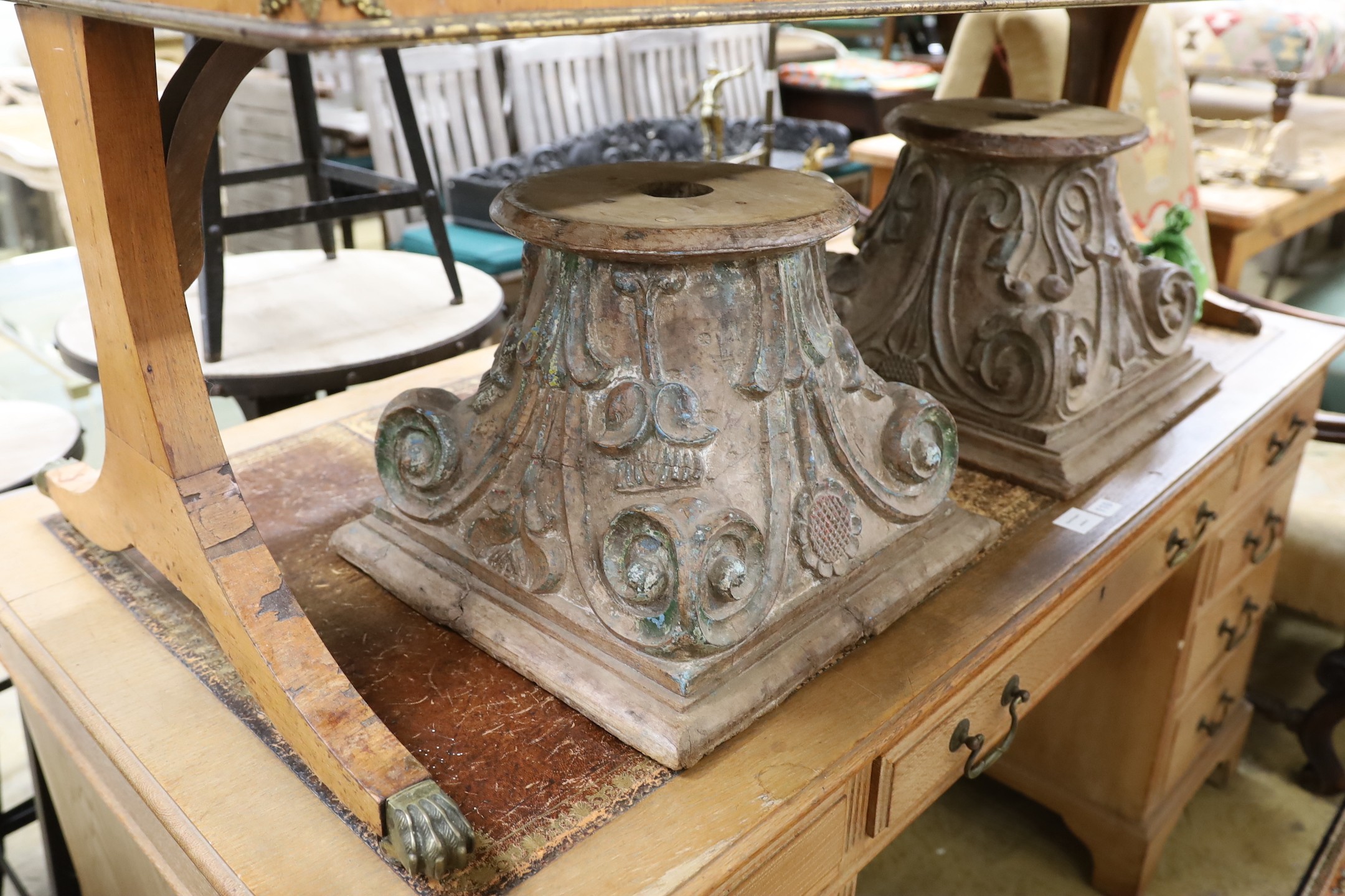 A near pair of carved and painted wood Corinthian column capitals, width 41cm, depth 41cm, height - Image 2 of 2
