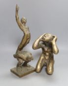 Two cast bronze abstract figure groups, one stamped. 30cm